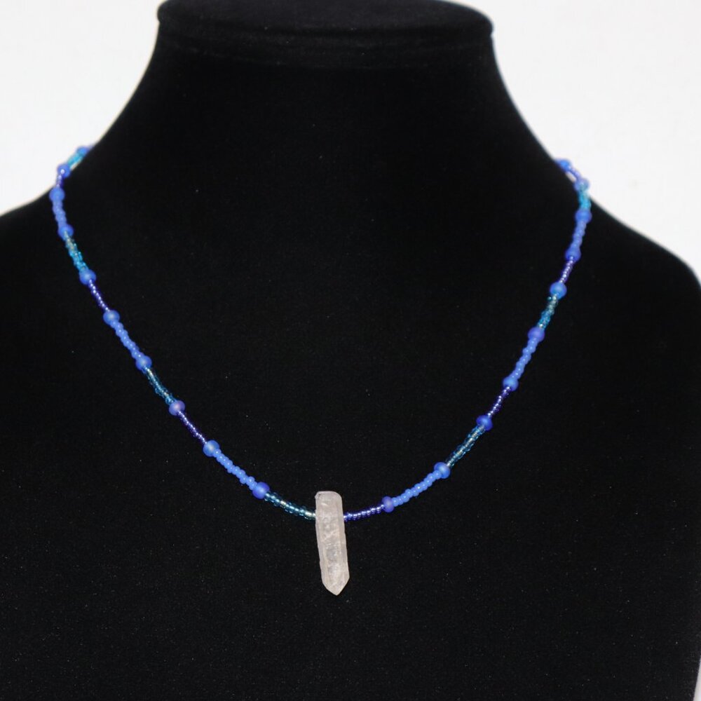 ✨ Blue Glass Beaded Necklace with Quartz Center 19" · tranquil tones